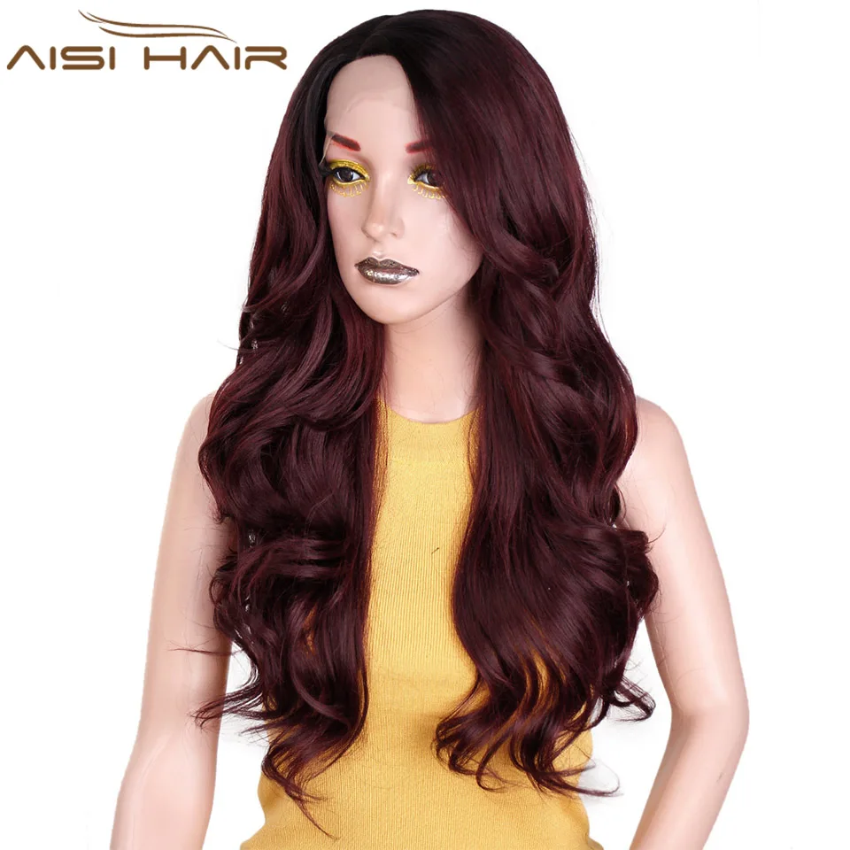 I's a wig 24 inch Ombre Dark Red Long Wavy Wig Perucas front lace Hair Synthetic Lace Wigs for Black Women Wave wig