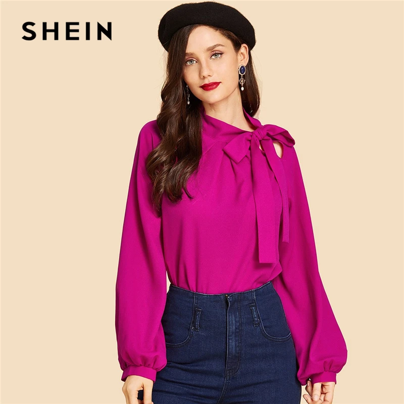 

SHEIN Hot Pink Tie Neck Plain Top Vintage Elegant Plain Stand Collar Long Sleeve Blouses Women Autumn Workwear Blouse