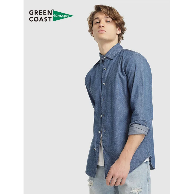 Green Coast Camisa Vaquera de Hombre Slim Estampada Azul Estampado Lunares Cuello Clásico Manga Larga 100 % Puños Redondeados Men Camisa Verano Hombre Casual Summer Fashion Moda 2019 Corte