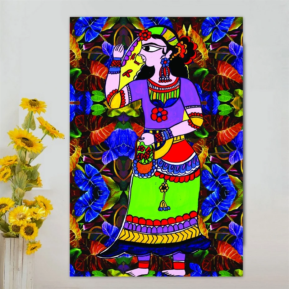 Индийские женщины Madhubani Mithila Традиционная картина ручной работы холст печатный