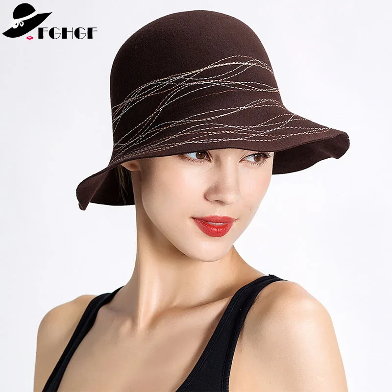

FGHGF Winter Women Fedoras Solid Color Winter Hats 100% Wool Cloche Bucket with Shining Lines Pattern