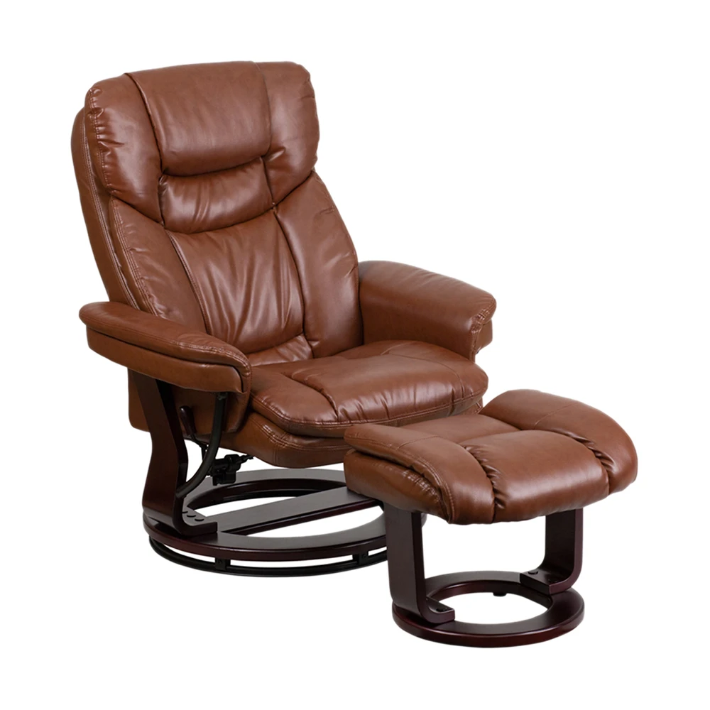 

Flash Furniture Contemporary Brown Vintage Leather Recliner And Ottoman With Swiveling Mahogany Wood Base [863-BT-7821-VIN-GG]