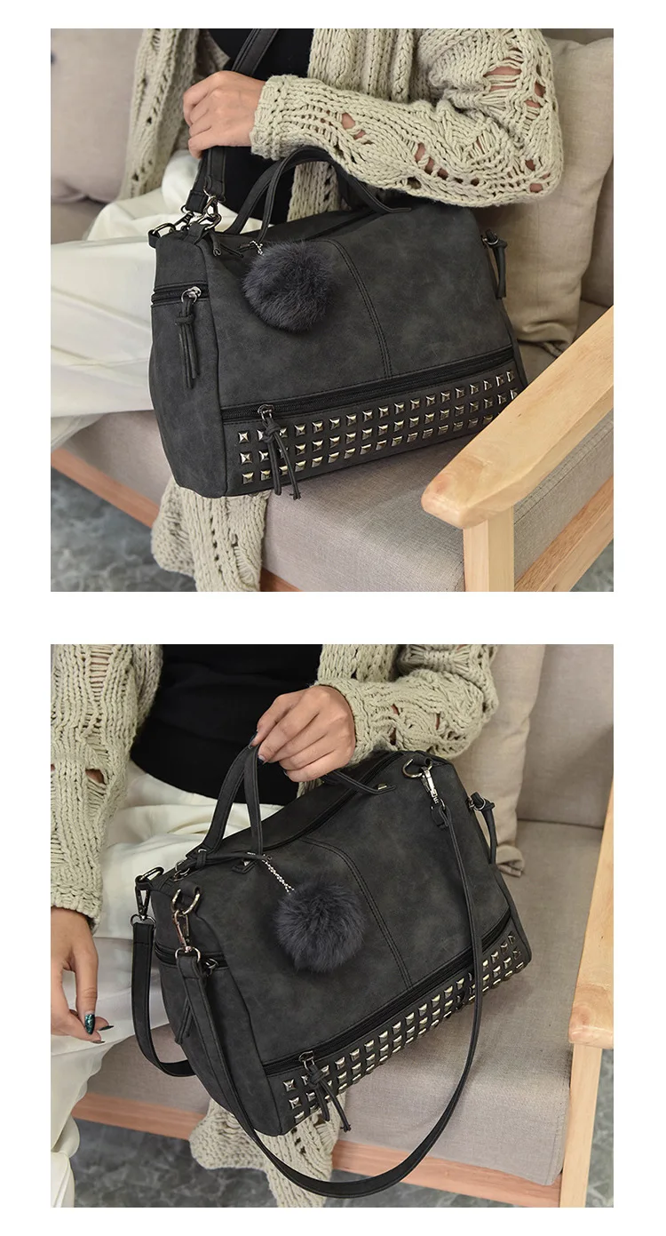 MJ Brand Design Women Handbag Fashion Suede Leather Top-Handle Bags Hair Ball Rivets Shoulder Bag Large Motorcycle Messenger Bag (11)