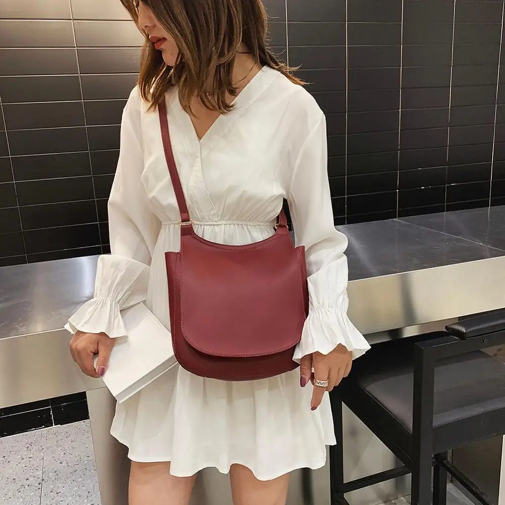  Women Fashion Wide Solid Color Shoulder Handbags Female Simple PU Leather Women Large Capacity Pure - 33046739094
