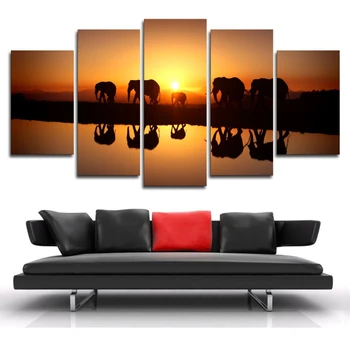 

Modern Wall Art Animal Posters Home Decor 5 Pieces Sunset Walking Elephants Paintings Canvas Prints Paintings Living Room Frame