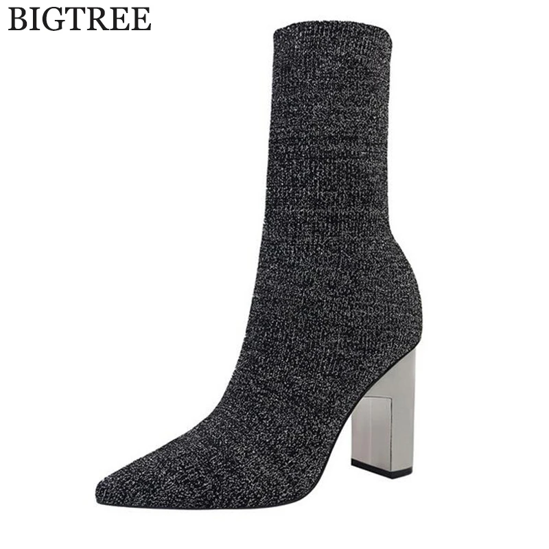 

Fashion Ankle Elastic Sock Boots Chunky High Heels Stretch Women Autumn Sexy Booties Pointed Toe Women Pump Metal heel c326