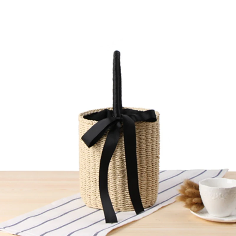 Women Handbag Summer Beach Female Ribbon Straw Bags Lady Vintage Drawstring INS Popular Basket Casual Weave Travel Tote SS3100 (10)