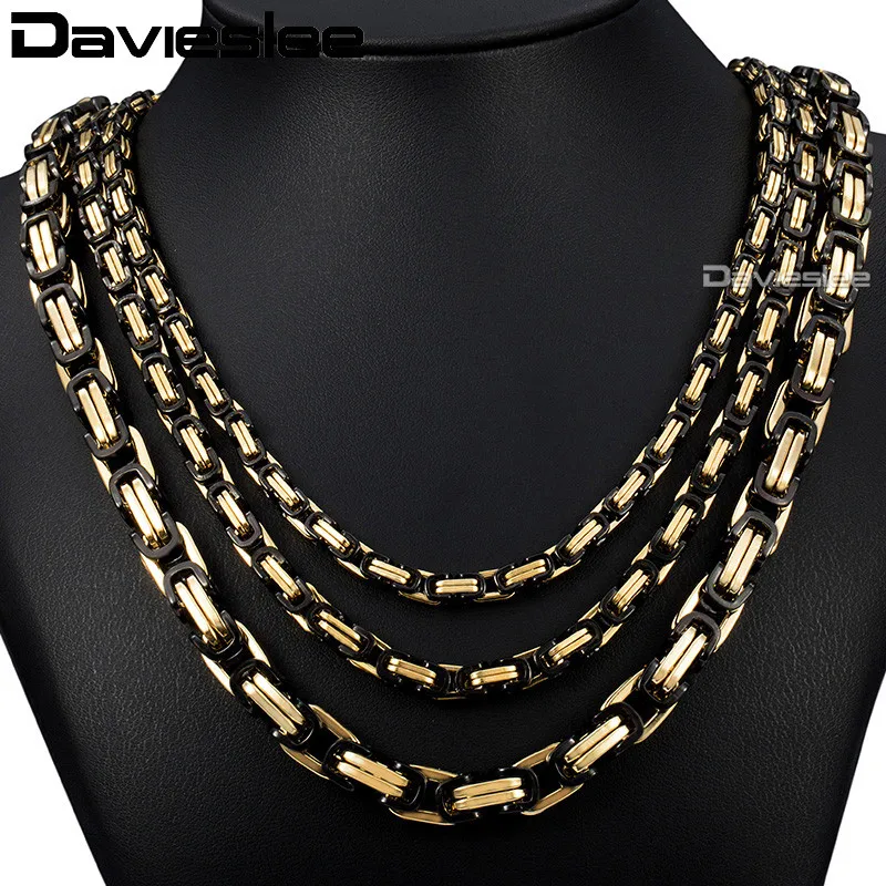 Davieslee Stainless Steel Mens Necklace Gold Black Color Box Byzantine