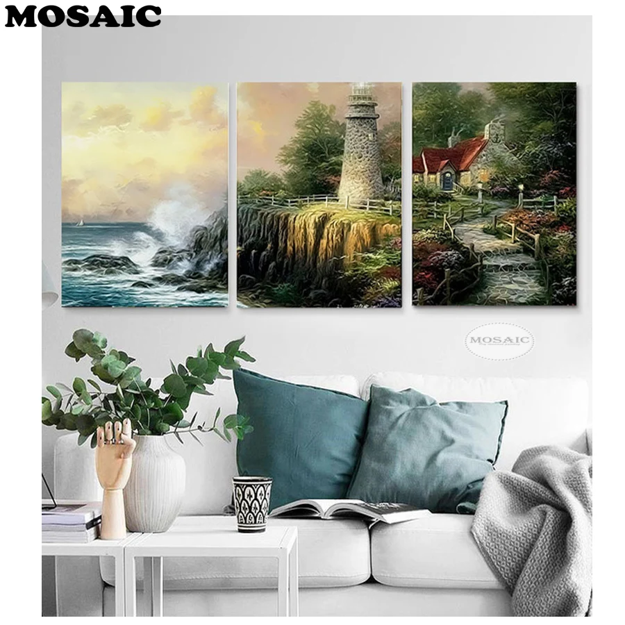 

5D DIY Diamond painting Cross stitch,Full Square Diamond embroidery full square lighthouse seaview Diamond mosaic triptych