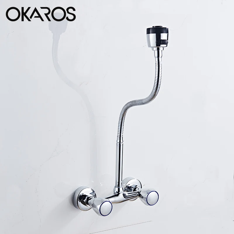 

OKARO Kitchen Flexible Basin Faucet Swivel Wall Mounted Universal Dual Holder Dual Hole Chrome Finished Sink Water Tap Mixer