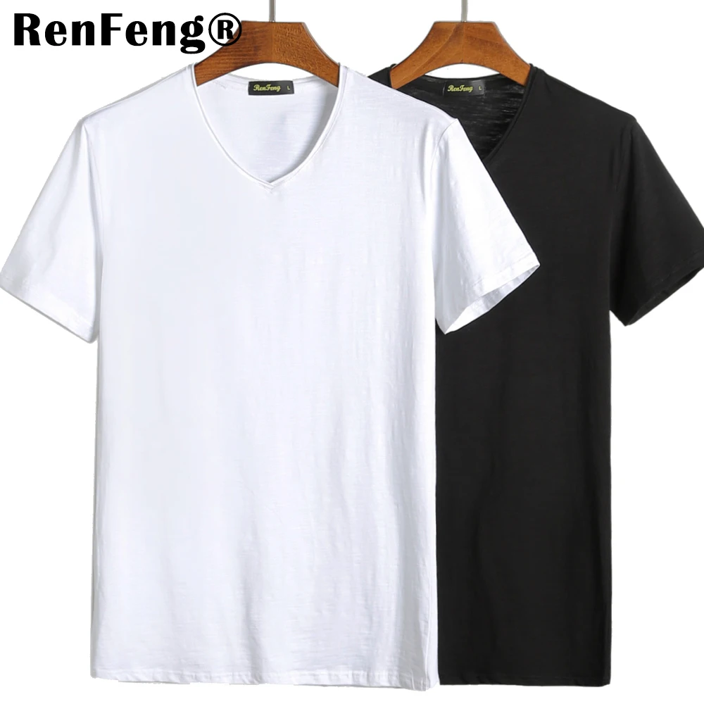 Bamboo cotton short-sleeved Cool t-shirt men's solid color trend Slim Blank white bottoming shirt curling V-neck shirt men (1)