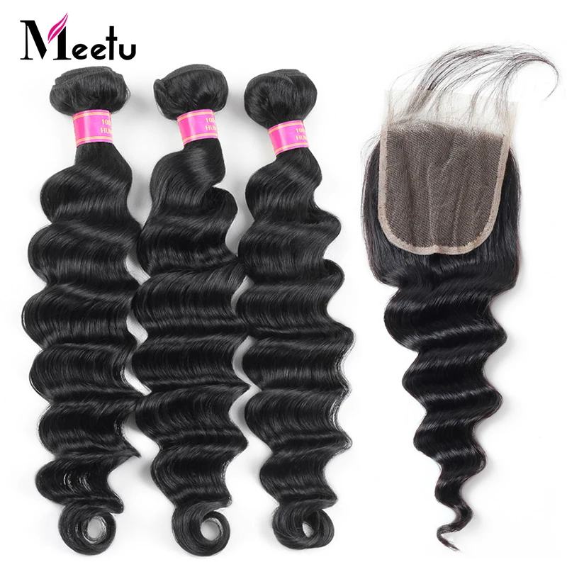 

Meetu Peruvian Hair Bundles With Closure Loose Deep Wave Bundles With Closure 3Pcs Non Remy Human Hair Bundles With Closure