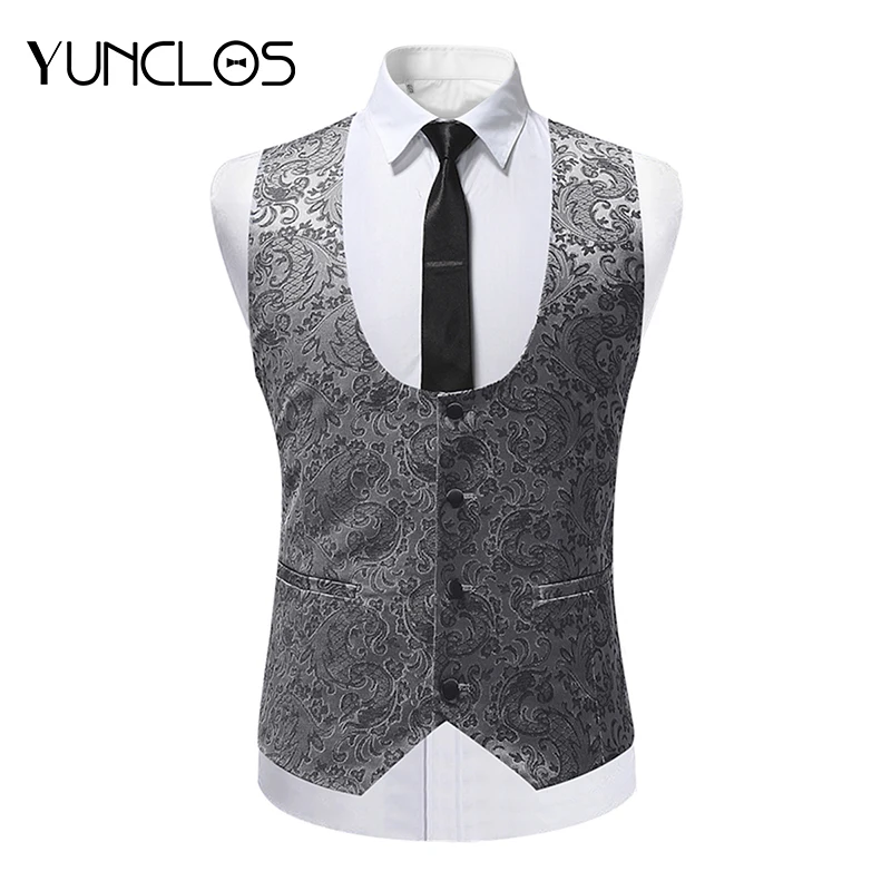 YUNCLOS 2019 Slim Fit мужской костюм жилет Свадебный костюм формальные повседневное одной груди жаккардовые Colete Masculino