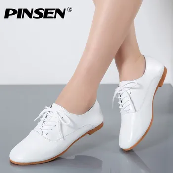 

PINSEN Autumn Women Oxford Shoes Ballerina Flats Shoes Woman Genuine Leather Shoes Moccasins Lace Up Loafers White Shoes Slipony