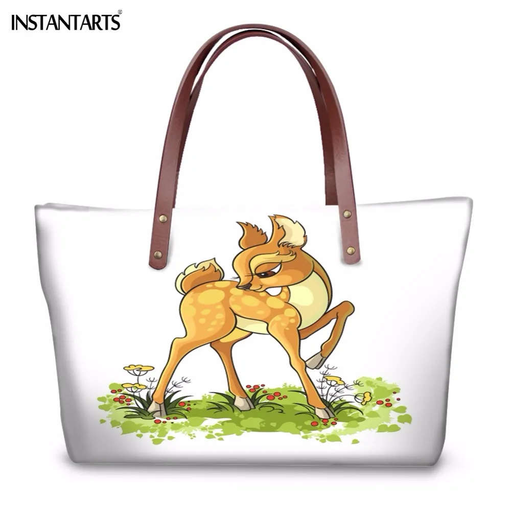 

INSTANTARTS Deer Printed Women Handbags for Ladies Shopping White Large Capacity Travel Tote Bag Fashion Cute Cartoon Beach Bag