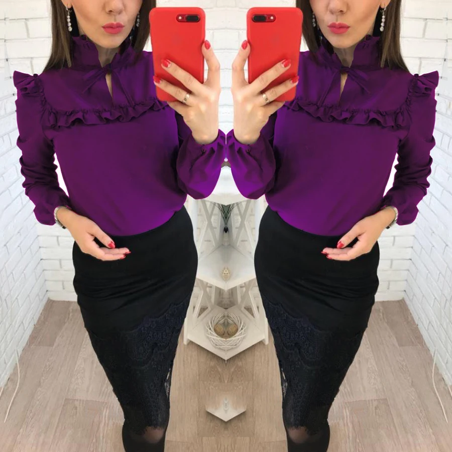 Women Long Sleeve Blouse Temperament Frenulum Ladies Chiffon Blouses Solid Colours Tops Clothing Shirts |