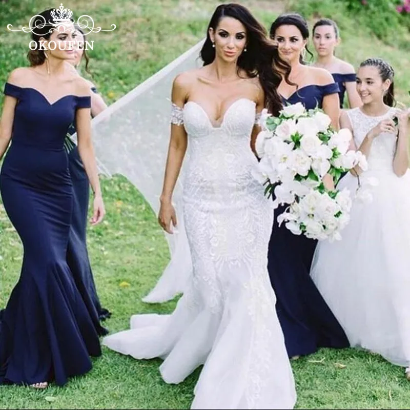 2018 дешевые Под 100 Русалка Темно-синие платья подружек невесты пикантные длинные с открытыми плечами вечерние платье для свадьбы Вечерние