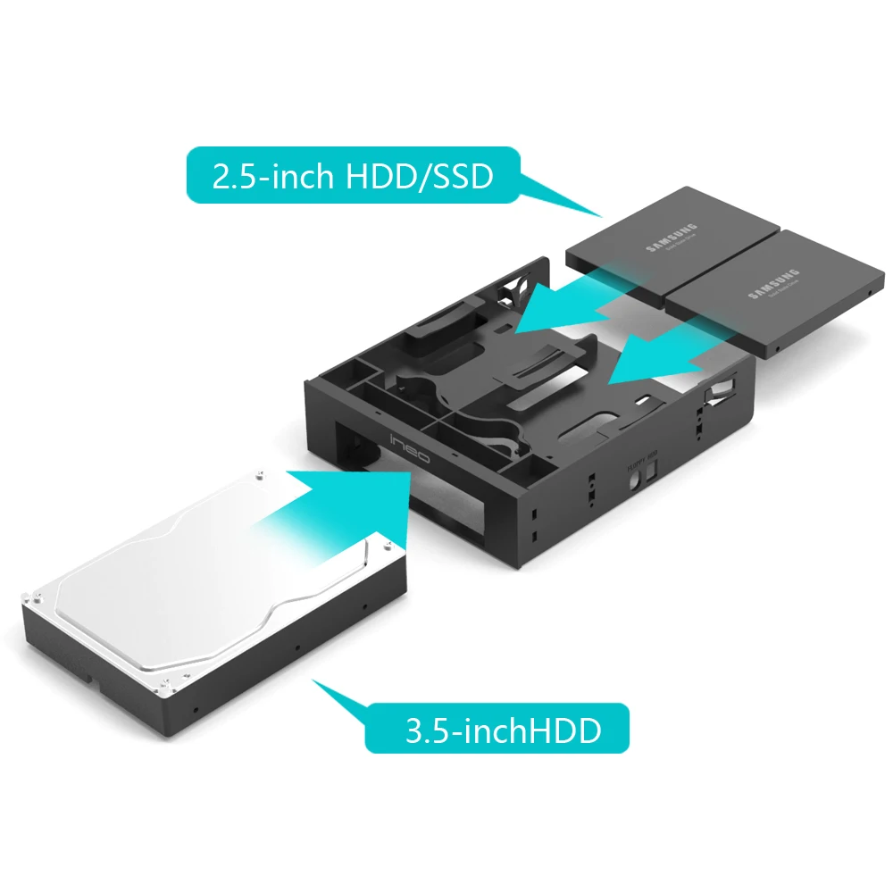3544 ineo Adaptateur/convertisseur/Support de Montage pour SSD/HDD 2 x 2,5 Pouces et 1 Adaptateur de Disque Dur 3,5 Pouces vers Baie 5,25 