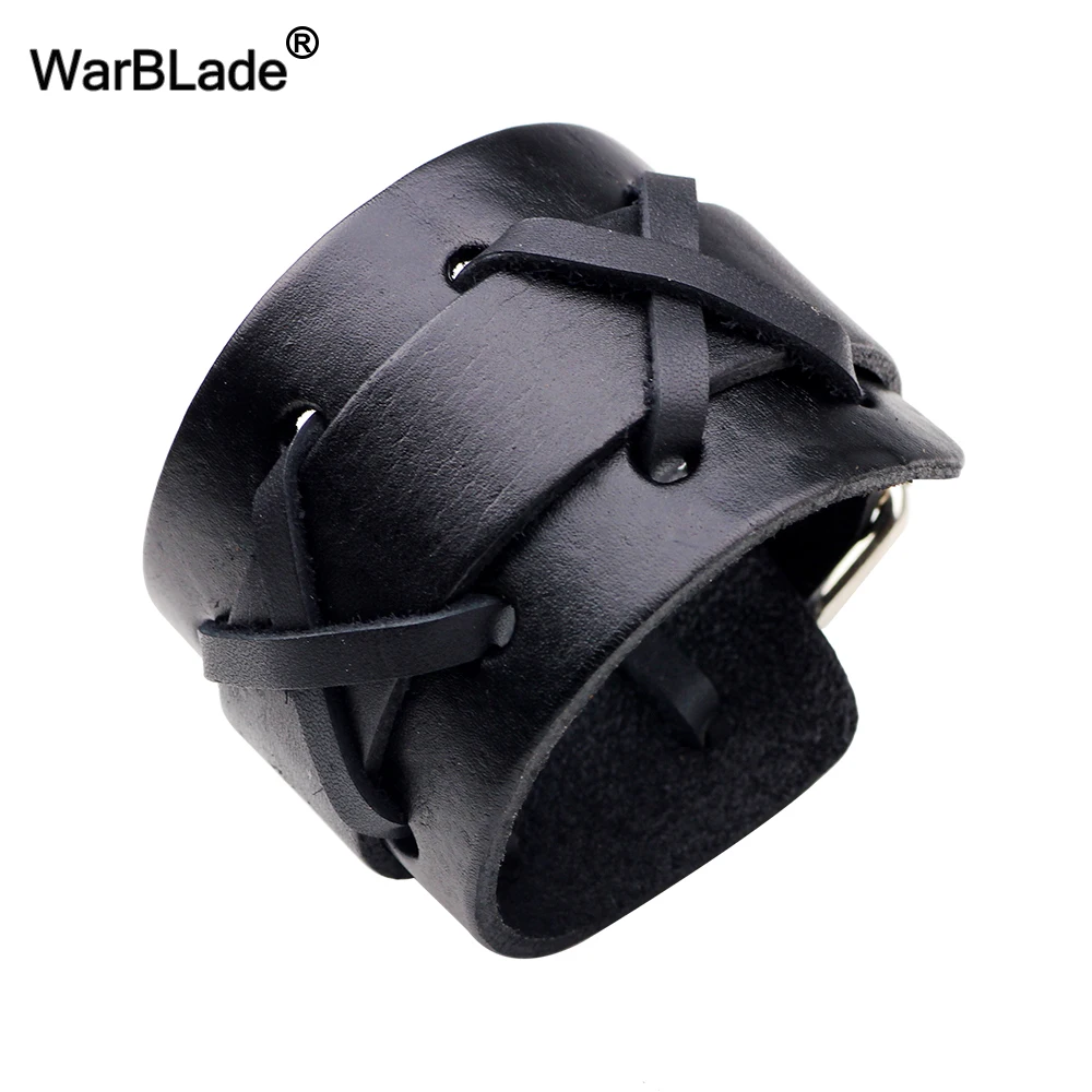 WarBLade 2018 New Fashion Black Brown Genuine Leather Wide Bracelet Bangles Cuff Wristband Rock Punk Women Men Bracelets