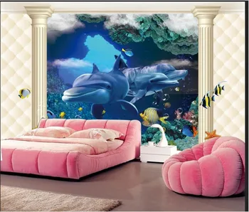 

Custom 3d murals wallpaper 3D three-dimensional underwater world Dolphin cylindrical wall paper decorative painting Ocean Mural