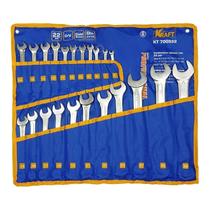 Набор гаечных ключей KRAFT КТ 700592 (22 штуки, комбинированные, 6-32 мм, хром-ванадиевая сталь)