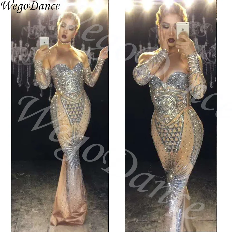 

new design sexy Long Dress Stage Wear Stretch Women Singer Rhinestones Evening dresses costume freeshipping