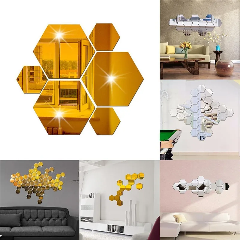 

12Pcs 3D Mirror Hexagon DIY Vinyl Removable Wall Stickers Home Decoration