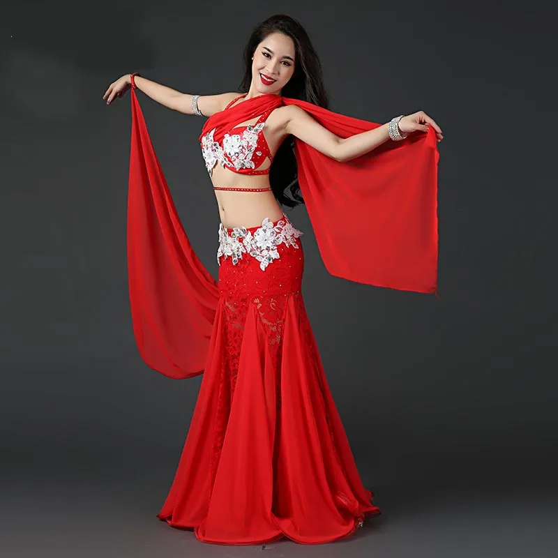 Bellydance Beading Rhinestone Bra Long lace Chiffon Fishtail Skirt Sexy