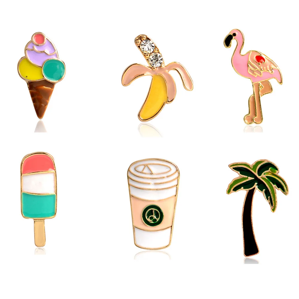 

1Pcs Palm Tree Flamingo Ice Cream Popsicles Banana Coffee Cups Pins Button Animal Metal Brooch Bag Jacket Collar Badge Jewelry