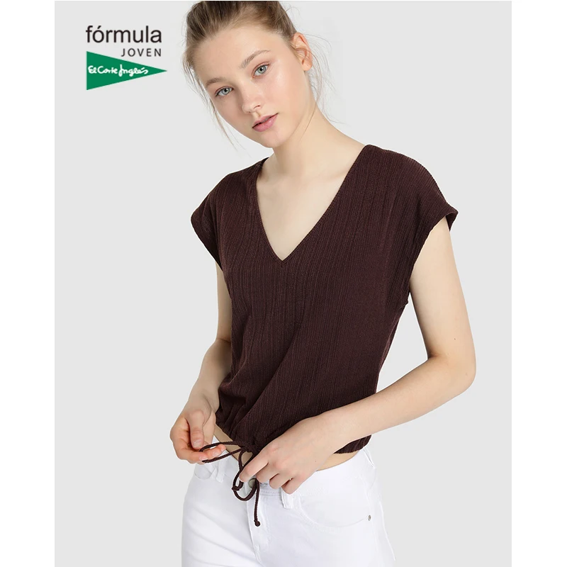 Fórmula Joven Camiseta de Mujer Fruncido en Cintura Manga Caída Color Marrón Estampado Liso Escote en Pico Moda Casual Streetwear Temporada Diseño 2019 El Corte Inglés|Camisetas| - AliExpress