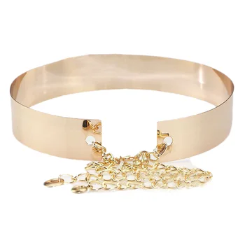 

1pc Women Metallic Gold Plate Wide Belt Cummerbunds Punk Full Metal Mirror Surface Waist Belt With Chains Lady Fashion
