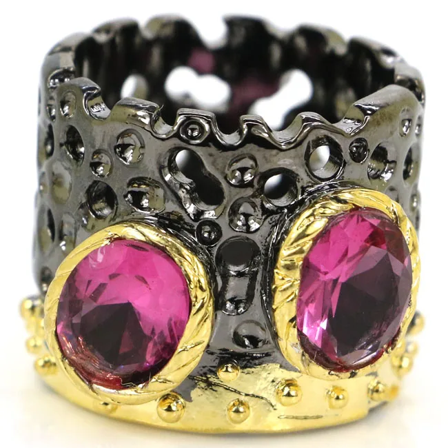 

6.5# Sublime Antique 15.7g Vintage Pink Tourmaline Gift For Man Black Gold Silver Ring 21x19mm