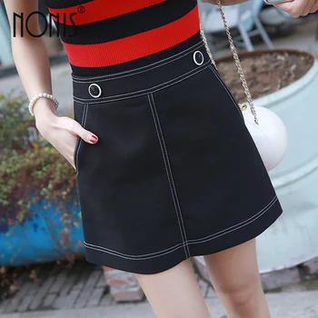 

Nonis New Arrival Fashion Women's Denim Mini Skirt Summer High Waist button A Line Casual Short Skirts Girls Black Blue