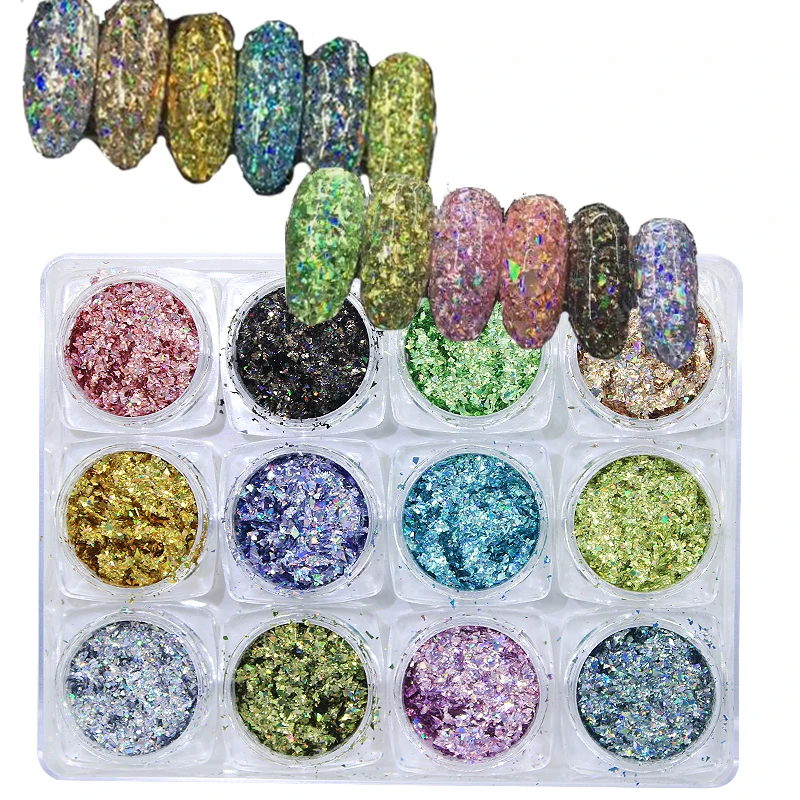 

12pcs Nail Art Glitters Snowflake Sequins Rainbow Laser Powder Diamond Holo Flake Holographic | Nail Art for Gel & Acrylic