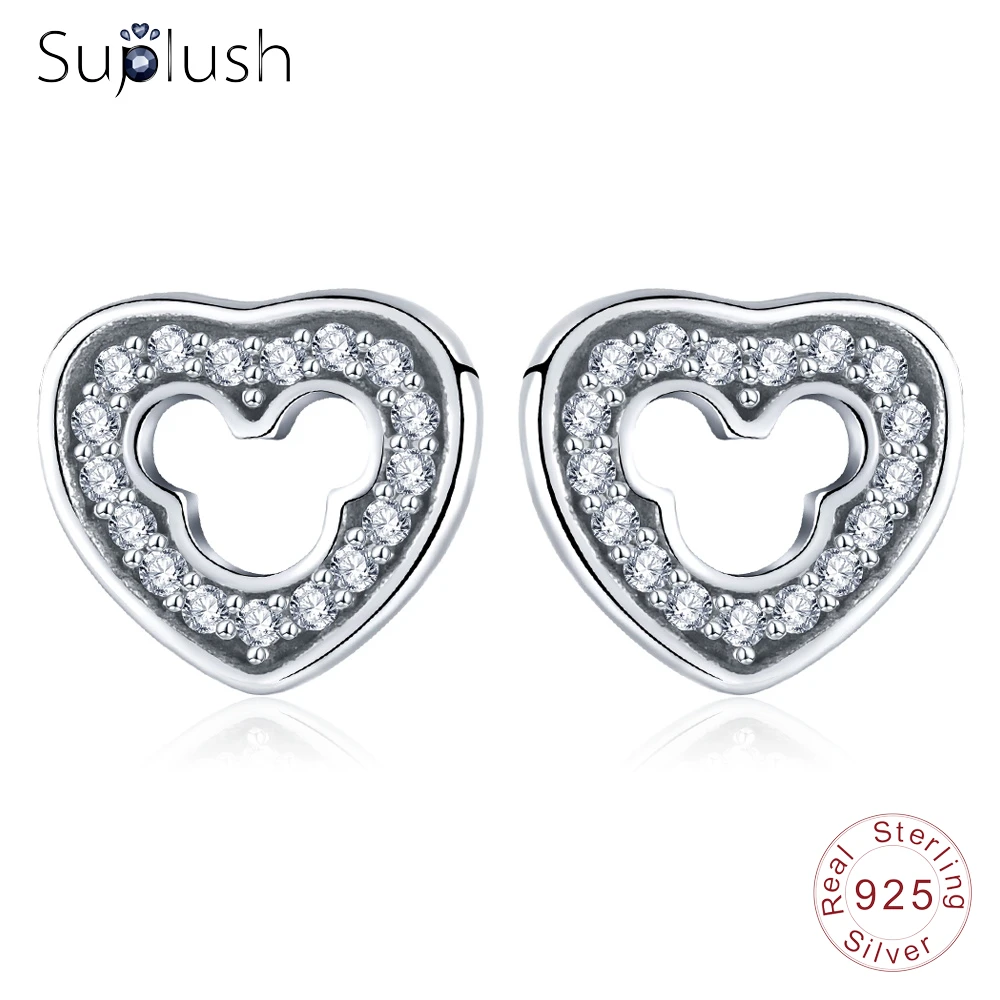 Suplush Женская мода серьги стерлингового серебра 925 Любящее сердце Форма серьги AAA циркония для Обручение PSER0014-B