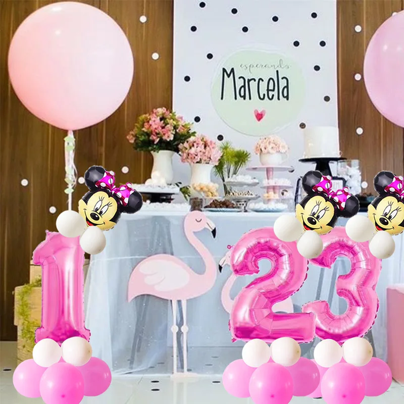 Baby Shower розового и голубого цвета, 32 дюйма Количество воздушных шаров От 1 до 3 лет на день рождения с Микки Маусом и Минни Маус комплект вечерние Декор латексные воздушные шары на подставке с globos