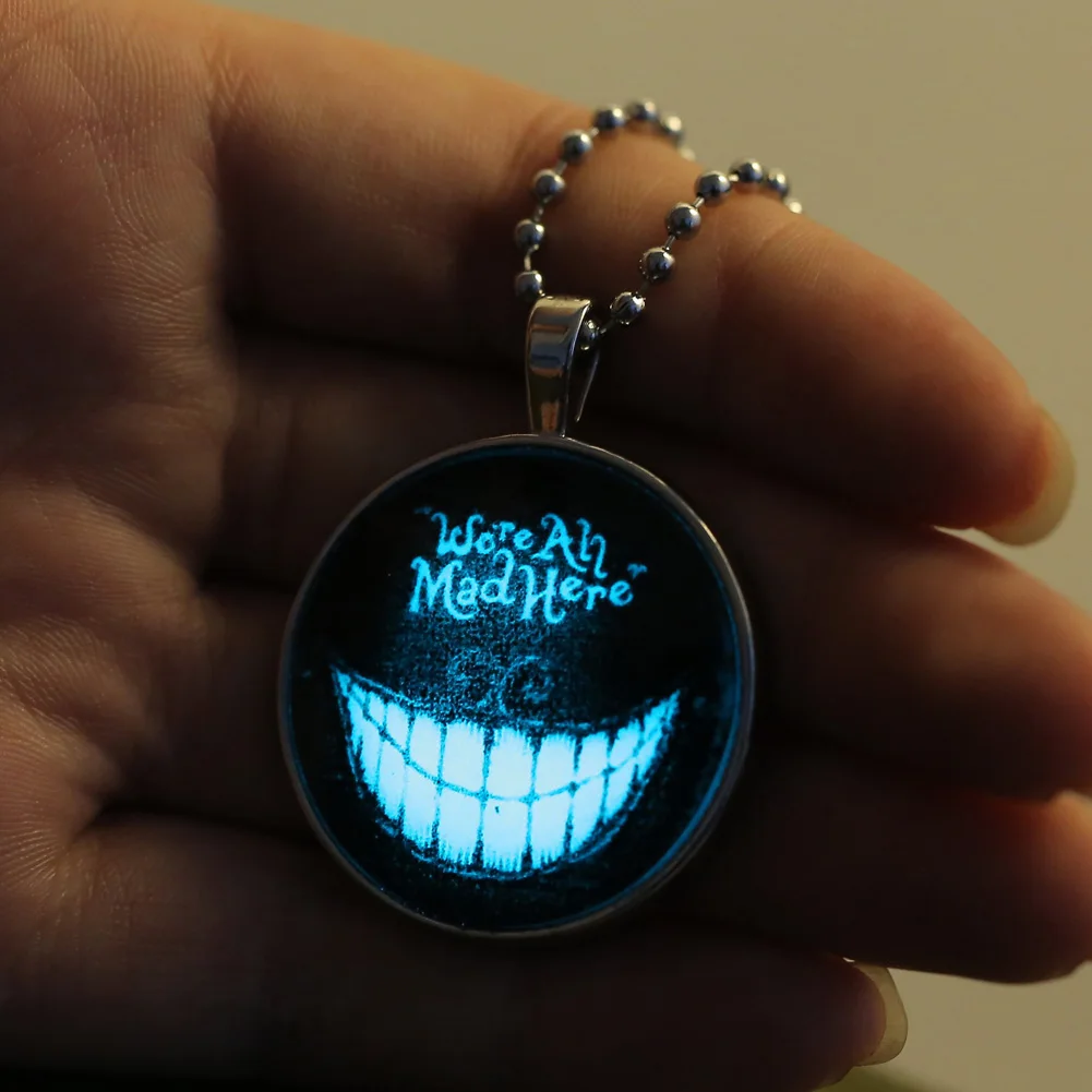 

Punk Style Luminous Necklace Glow In The Dark "We Are All Mad Here" Laugh Face Pendants Necklace Halloween Gift Jewelry