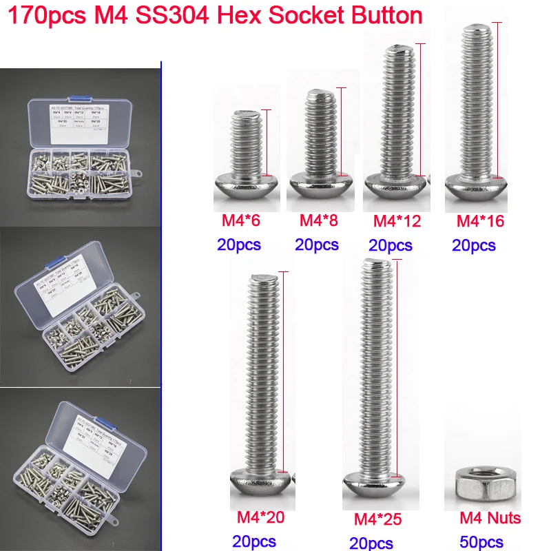 

170pcs M4 SS304 Hex Socket Button Screws Bolts and Nuts Assortment Kit