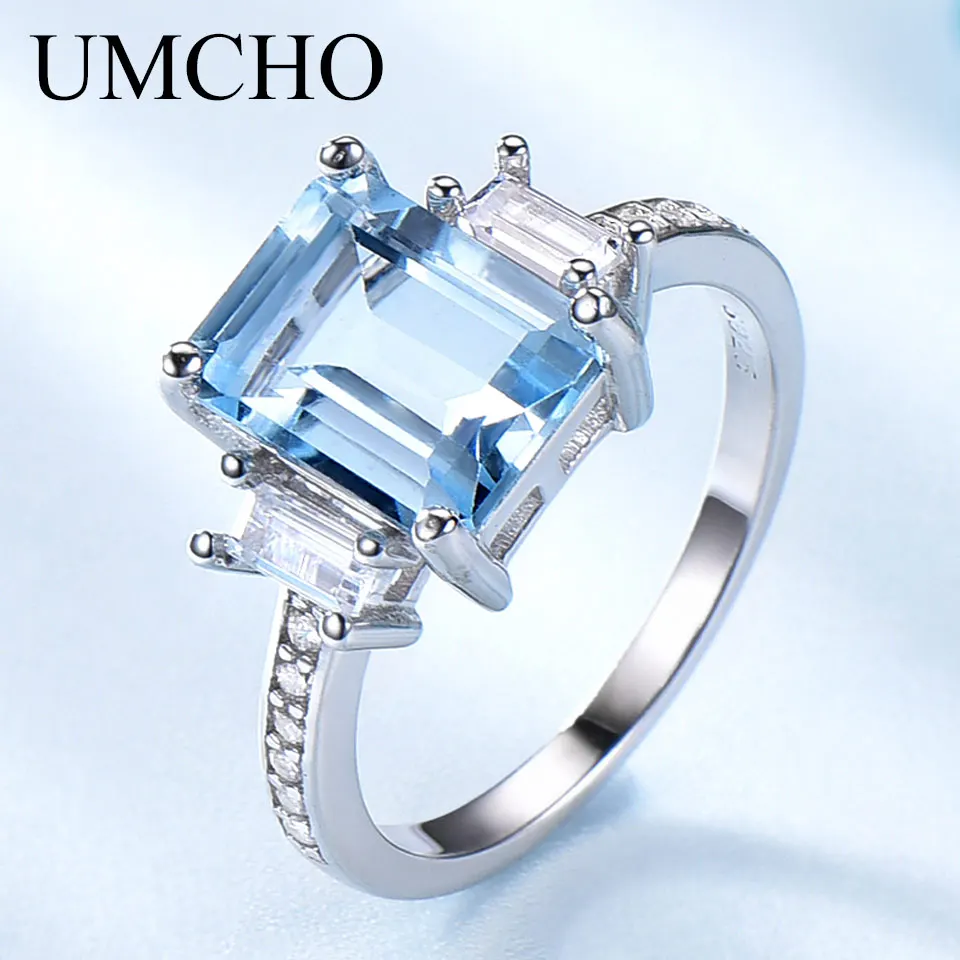 Umcho azul topázio anéis de pedra preciosa para mulher genuína 925 prata esterlina aquamarine anel romântico casamento noivado jóias finas