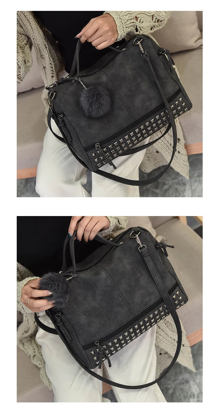 MJ Brand Design Women Handbag Fashion Suede Leather Top-Handle Bags Hair Ball Rivets Shoulder Bag Large Motorcycle Messenger Bag (12)