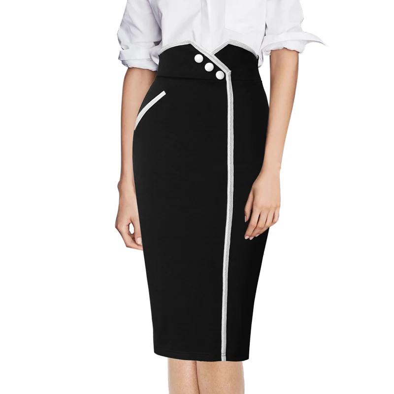 

Vfemage Womens Vintage Retro Asymmetrical High Waist Colorblock Contrast Button Work Business Pencil Office Bodycon Skirt 715