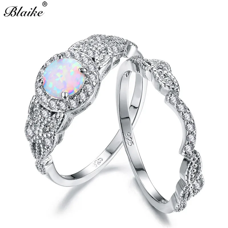

Blaike Round White Fire Opal Ring Sets Inlay Cubic Zirconia Double Rings For Women 925 Sterling Silver Filled Birthstone Jewelry