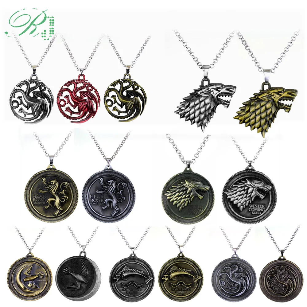 RJ Game of Thrones Necklaces House Stark Lion Wolf Dragon Deer Logo Pendant A Song Of Ice And Fire Targaryen Dragon Keyring Gift