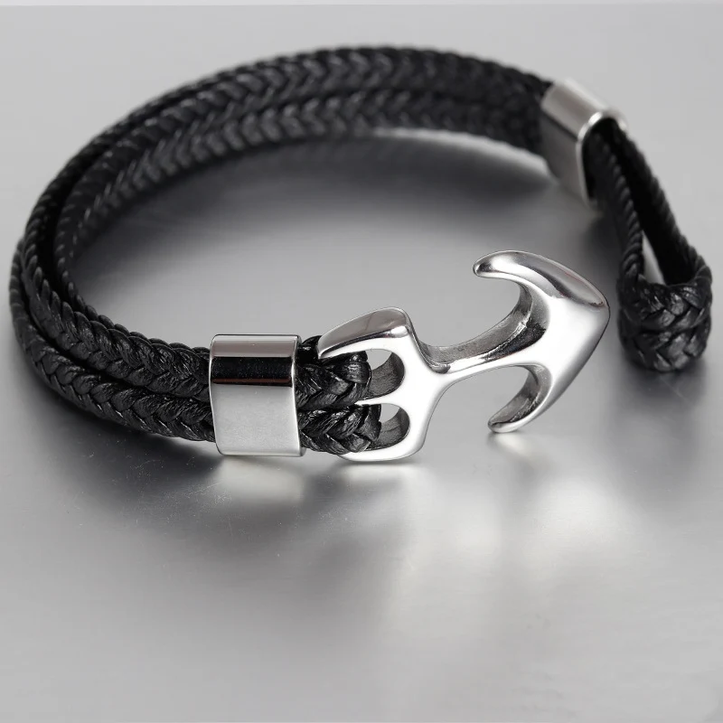 Высокое качество мужской Титановый стальной браслет черный кожаный плетеный Якорь Кожа браслет веревочный браслет для мужчин подарок