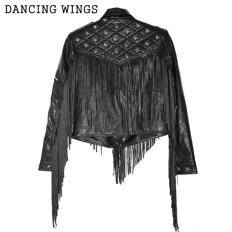 discounted  Spring Jacket Women Personality Long Tassel Rivets PU Leather Short Motorcycle Leather Jacket Black