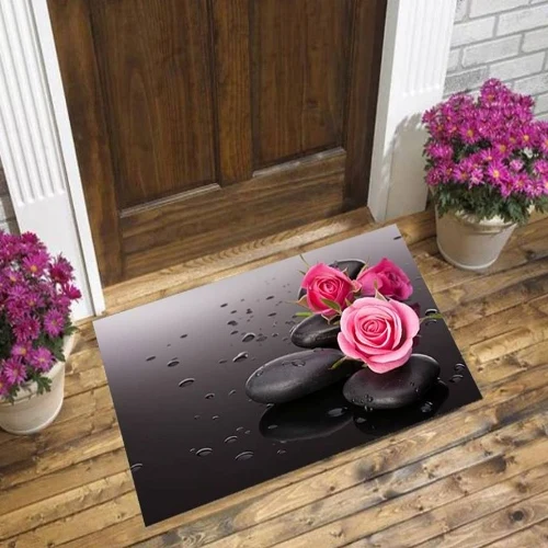Else, черный пол, розовые розы, цветы, спа камни, 3d Рисунок, принт, противоскользящие, декоративные, пол, дверь, коврик для дома, прихожая, гостиная