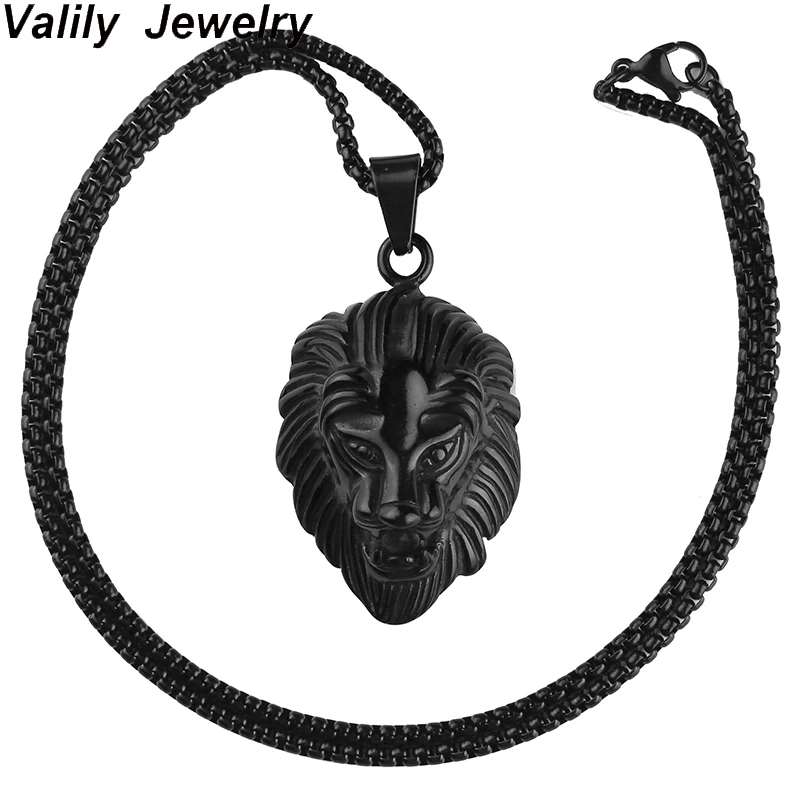 

Valily Men Lion Head Pendant Necklace Vintage Cool Biker Animal Iron Men Necklaces Black Stainless Steel Chain Necklace for men