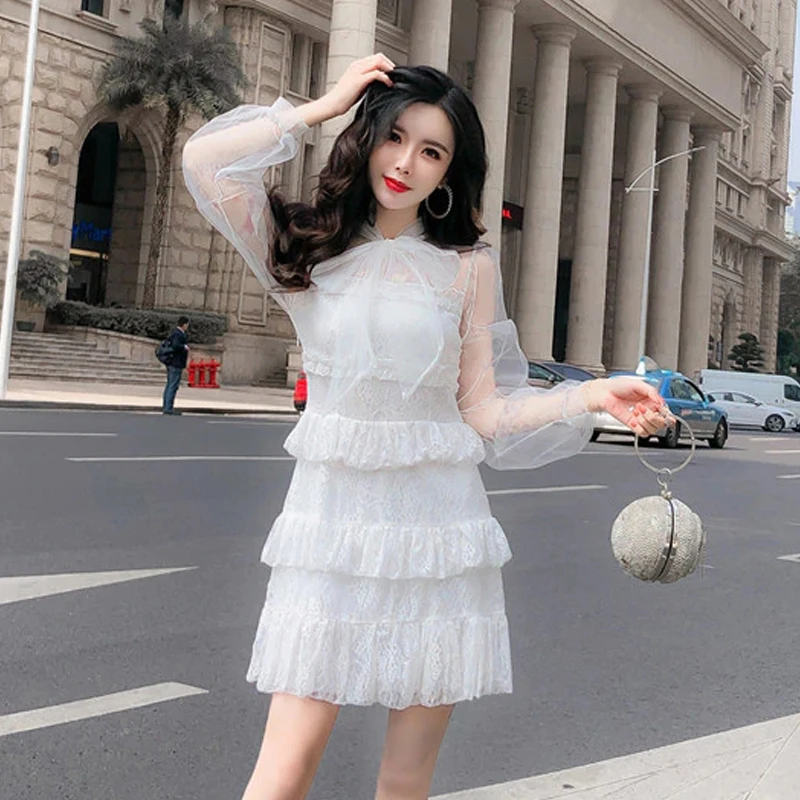 

Spring and summer women's 2019 ladies temperament sexy transparent gauze stitching lace cake solid color black dress
