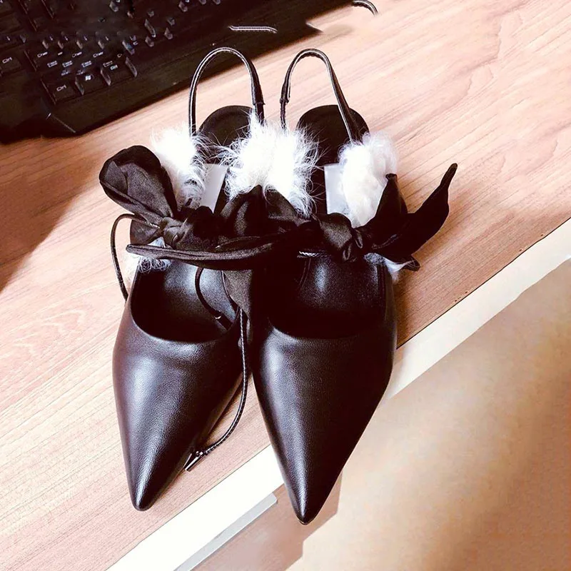 JAWAKYE/вечерние туфли на деревянном квадратном каблуке; женские туфли для подиума из натуральной кожи с шелковым бантом и острым носком; женские слинбэки - Цвет: black and white wool