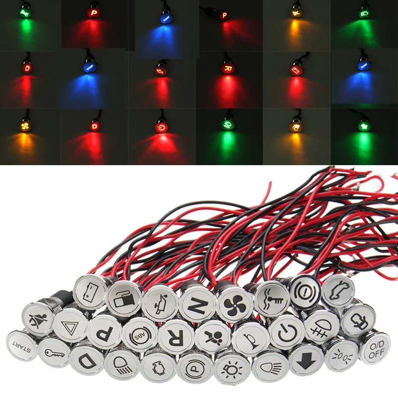 

12V 24V 36V 10mm Symbol LED Dash Panel Warning Pilot Light Indicator Lamp Metal New Car Boat LED Dashboard Dash Signal Light